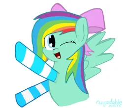 Size: 917x807 | Tagged: safe, artist:nuyadable, derpibooru import, oc, oc:emeraldbow, unofficial characters only, pegasus, pony, blue coat, blue fur, blue hair, bow, clothes, cute, female, filly, foal, hair bow, hooves in air, image, looking at you, mare, multicolored hair, ocbetes, one eye closed, open mouth, open smile, outstretched arms, outstretched hoof, pegasus oc, pink bow, pink eyes, png, rainbow hair, simple background, smiling, smiling at you, socks, solo, spread wings, striped socks, white background, wings, wink