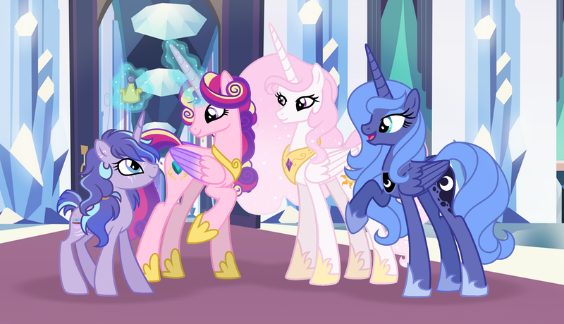 Size: 2929x1685 | Tagged: safe, artist:xxcheerupxxx, derpibooru import, princess cadance, princess celestia, princess luna, oc, oc:amore, pony, unicorn, g4, concave belly, crown, female, hoof shoes, image, jewelry, long legs, magic, mare, offspring, older, older princess cadance, parent:princess cadance, parent:shining armor, parents:shiningcadance, peytral, pink-mane celestia, png, princess shoes, regalia, s1 luna, slender, tall, thin