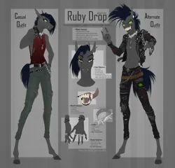 Size: 3175x3050 | Tagged: safe, artist:dementra369, derpibooru import, oc, oc:ruby drop, unofficial characters only, anthro, unguligrade anthro, barely pony related, belly button, bracelet, chains, clothes, collar, ear piercing, edgy, facial scar, fangs, female, high res, image, jewelry, necklace, piercing, png, pronouns, reference sheet, ring, scar, solo, spiked collar, spiked wristband, tikbalang, tongue piercing, torn clothes, wristband