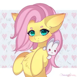 Size: 3000x3000 | Tagged: safe, artist:monstrum, derpibooru import, angel bunny, fluttershy, pegasus, pony, rabbit, g4, animal, blushing, chest fluff, cute, female, floppy ears, high res, image, jpeg, looking at you, mare, shyabetes, solo