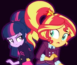 Size: 968x816 | Tagged: safe, artist:sarahalen, derpibooru import, sunset shimmer, twilight sparkle, human, equestria girls, g4, alternate universe, base used, black background, clothes, clothes swap, costume, crystal prep academy uniform, duo, duo female, female, image, my little pony equestria girls: friendship games, png, ponytail, rivals, role reversal, school uniform, simple background