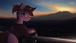 Size: 2200x1254 | Tagged: safe, artist:uliovka, derpibooru import, oc, oc:basura, unofficial characters only, pony, unicorn, city, clothes, glasses, hoodie, horn, image, looking at you, male, mobile phone, mountain, phone, png, round glasses, scenery, smartphone, smiling, smiling at you, solo, stallion, sunset, unicorn oc