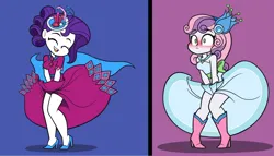 Size: 2366x1358 | Tagged: safe, artist:khuzang, derpibooru import, rarity, sweetie belle, human, equestria girls, g4, belle sisters, blue background, blushing, boots, clothes, dress, duo, duo female, eyes closed, female, gala dress, headdress, high heel boots, high heels, image, marilyn monroe, movie reference, pinpoint eyes, png, purple background, shoes, siblings, simple background, sisters, sleeveless, sleeveless dress, split screen, the seven year itch, two sides