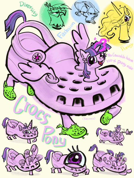 Size: 2999x4000 | Tagged: safe, artist:ja0822ck, derpibooru import, gilda, princess celestia, rarity, twilight sparkle, ponified, gryphon, pony, g4, crocs, cursed pony subspecies, cyriak, female, image, mare, meme, not salmon, png, twilight crockle, wat