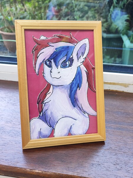 Size: 2250x3000 | Tagged: safe, artist:autumnsfur, derpibooru import, oc, oc:britannia (uk ponycon), unofficial characters only, earth pony, pony, acrylic painting, blue eyes, british, bust, female, framed picture, garden, high res, image, irl, jpeg, mare, mascot, multicolored hair, multicolored mane, painting, photo, raised hoof, raised hooves, simple background, smiling, solo, traditional art, uk ponycon, united kingdom, white coat, white fur