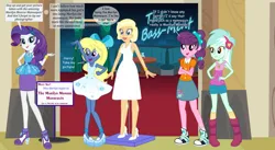 Size: 1024x563 | Tagged: safe, artist:stilleye, derpibooru import, applejack, lyra heartstrings, rarity, sugar belle, oc, oc:azure/sapphire, human, equestria girls, g4, breasts, busty applejack, clothes, converse, crossdressing, dialogue, equestria girls-ified, female, femboy, freckles, frozen, genderfluid, group, hand on hip, high heels, image, inanimate tf, jpeg, male, mannequin, marilyn monroe, pose, quintet, shoes, smiling, text, transformation