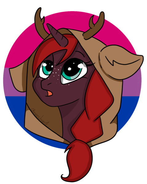 Size: 1238x1554 | Tagged: safe, alternate version, artist:ohneechan, derpibooru import, oc, oc:rusty wrenches, unofficial characters only, pony, unicorn, bisexual pride flag, braid, fake antlers, fake ears, female, freckles, green eyes, hairband, hood, horn, image, looking up, png, pride, pride flag, profile picture, simple background, solo, transparent background, unicorn oc