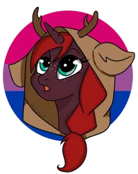 Size: 1238x1554 | Tagged: safe, alternate version, artist:ohneechan, derpibooru import, oc, oc:rusty wrenches, unofficial characters only, pony, unicorn, bisexual pride flag, braid, fake antlers, fake ears, female, freckles, green eyes, hairband, hood, horn, image, looking up, png, pride, pride flag, profile picture, simple background, solo, transparent background, unicorn oc