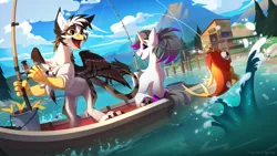 Size: 2500x1406 | Tagged: safe, artist:redchetgreen, derpibooru import, oc, oc:hazel radiate, oc:ospreay, fish, gryphon, pony, unicorn, beak, boat, bucket, chest fluff, claw hold, concave belly, duo, fishing, fishing rod, griffon oc, horn, image, leg hold, mountain, open beak, open mouth, outdoors, pier, png, scenery, scrunchie, unicorn oc, water