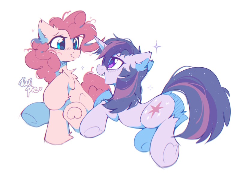 Size: 2048x1489 | Tagged: safe, artist:mirtash, derpibooru import, pinkie pie, twilight sparkle, earth pony, pony, unicorn, g4, duo, duo female, female, fluffy, horn, image, jpeg, lesbian, mare, open mouth, shipping, simple background, sparkles, twinkie, underhoof, unicorn twilight, white background