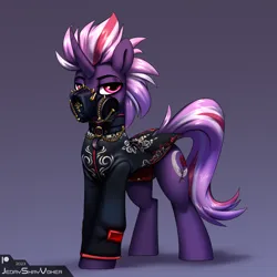 Size: 3000x3000 | Tagged: safe, artist:jedayskayvoker, derpibooru import, oc, oc:crystal blood, pony, unicorn, chains, clothes, face mask, gas mask, gold, gradient background, high res, horn, image, jacket, jewelry, long tail, looking at you, male, mask, pendant, pink eyes, png, sewing, solo, spikes, stallion, tail, tall, unicorn oc, vest