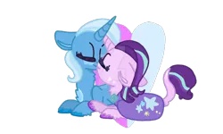 Size: 1280x768 | Tagged: safe, artist:gumballfan222, derpibooru import, starlight glimmer, trixie, pony, unicorn, g4, deviantart watermark, duo, female, image, kissing, leonine tail, lesbian, obtrusive watermark, png, shipping, simple background, startrix, tail, transparent background, watermark