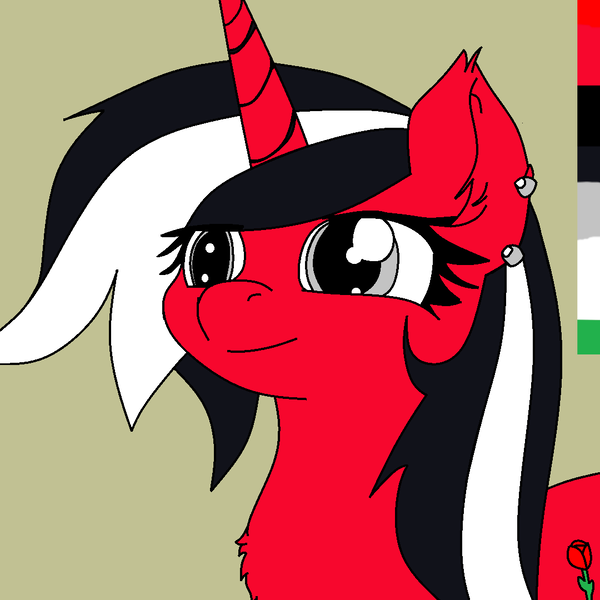 Size: 1080x1080 | Tagged: safe, artist:luxter77, derpibooru import, oc, oc:rosalia, unofficial characters only, pony, unicorn, black and white mane, chest fluff, color palette, ear fluff, ear piercing, earring, horn, image, jewelry, piercing, png, red coat, solo, unicorn oc