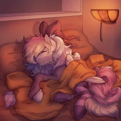 Size: 2000x2000 | Tagged: safe, artist:dereketto, derpibooru import, oc, oc:blazey sketch, unofficial characters only, pegasus, pony, bed, blanket, bow, clothes, comfy, detailed background, grey fur, hair bow, high res, image, multicolored hair, pegasus oc, png, sleeping, small wings, socks, solo, striped socks, sweater, wings