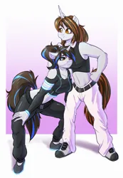 Size: 2432x3512 | Tagged: safe, artist:witchtaunter, derpibooru import, oc, unofficial characters only, anthro, plantigrade anthro, unicorn, belly button, clothes, commission, duo, duo female, female, high res, image, midriff, pants, png, shoes