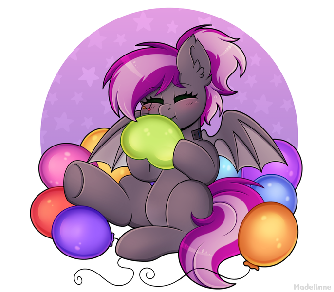 Size: 3200x2800 | Tagged: safe, artist:madelinne, derpibooru import, oc, oc:bitwise operator, unofficial characters only, bat pony, pony, balloon, bat pony oc, bat wings, blowing up balloons, blushing, cute, eyes closed, female, happy, heart, heart balloon, high res, image, inflating, mare, png, ponytail, simple background, sitting, solo, spread wings, that pony sure does love balloons, underhoof, white background, wings