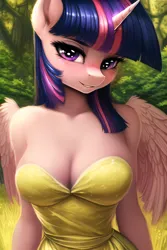 Size: 2048x3072 | Tagged: safe, ai content, derpibooru import, machine learning generated, novelai, stable diffusion, twilight sparkle, twilight sparkle (alicorn), alicorn, anthro, g4, breasts, cleavage, clothes, cute, dress, female, forest, grass, high res, horn, image, jpeg, looking at you, outdoors, partially open wings, prompter:endless--, smiling, smiling at you, solo, standing, tree, twiabetes, wings