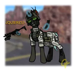 Size: 3000x3000 | Tagged: safe, artist:ctamina, derpibooru import, oc, oc:aquamarine, unofficial characters only, alien, pony, armor, armored pony, boots, clothes, gas mask, gun, h.e.c.u., half-life, half-life: opposing force, helmet, high res, image, levitation, magic, male, mask, military, mp5, png, shoes, snark, soldier, stallion, submachinegun, telekinesis, uniform, weapon