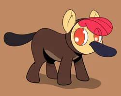 Size: 4096x3242 | Tagged: safe, artist:realgero, derpibooru import, apple bloom, earth pony, platypus, pony, g4, animal costume, brown background, clothes, costume, female, filly, foal, halloween, halloween costume, holiday, image, no pupils, platypus costume, png, simple background, solo