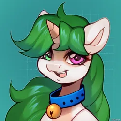 Size: 2400x2400 | Tagged: safe, artist:sugarstar, derpibooru import, oc, oc:sugarstar, unofficial characters only, pony, unicorn, bell, bell collar, bust, collar, fangs, heterochromia, high res, horn, icon, image, open mouth, open smile, png, smiling, solo, unicorn oc