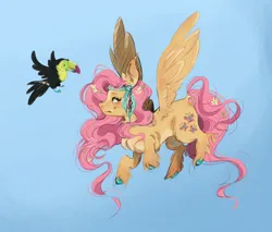 Size: 2000x1700 | Tagged: safe, artist:tibbons, derpibooru import, fluttershy, bird, earth pony, keel-billed toucan, pegasus, pony, toucan, g4, colored hooves, female, flower, flower in hair, flying, headband, image, jpeg, mare, solo, spread wings, unshorn fetlocks, wings