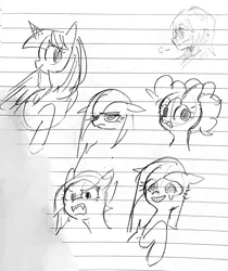 Size: 1755x2089 | Tagged: safe, artist:metaruscarlet, derpibooru import, limestone pie, pinkie pie, twilight sparkle, twilight sparkle (alicorn), alicorn, earth pony, pony, g4, crying, doodle, image, lined paper, looking at you, open mouth, pinkamena diane pie, png, traditional art