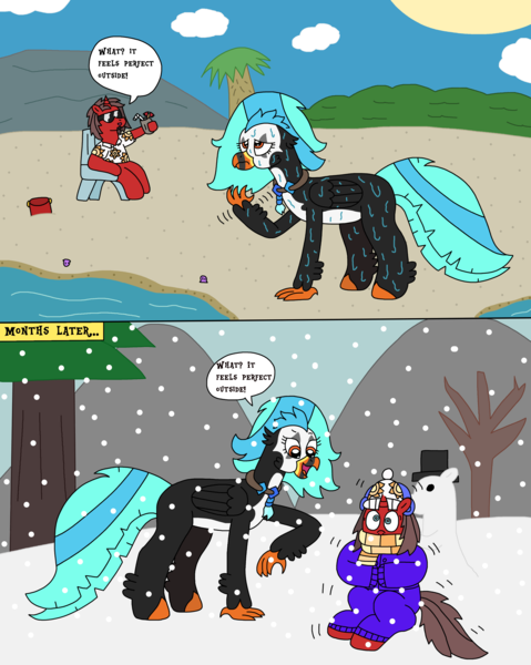 Size: 2371x2967 | Tagged: safe, artist:supahdonarudo, derpibooru import, oc, oc:icebeak, oc:ironyoshi, unofficial characters only, classical hippogriff, hippogriff, pony, unicorn, beach, beanie, bucket, chair, clothes, cloud, coat, dialogue, drink, fanning, hat, high res, image, jewelry, necklace, ocean, palm tree, png, scarf, shirt, shivering, sitting, snow, snowfall, snowpony, speech bubble, sun, sunglasses, sweat, sweating profusely, text, tree, water