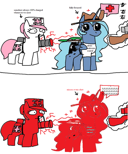 Size: 748x900 | Tagged: safe, artist:anonymous, derpibooru import, nurse redheart, princess luna, alicorn, earth pony, pony, g4, /mlp/ tf2 general, aaaaaaaaaa, clothes, cute, dialogue, dialogue box, gun, hat, image, magic, medic, medic (tf2), medigun, mouth hold, ms paint, numget, png, rifle, shirt, sniper, sniper (tf2), sniper rifle, team fortress 2, telekinesis, text, ubercharge, weapon