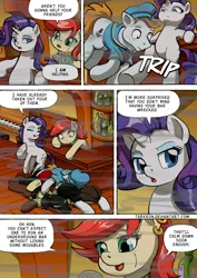 Size: 1204x1700 | Tagged: safe, artist:tarkron, derpibooru import, rarity, oc, oc:red scarla, earth pony, pony, unicorn, comic:the royal sandal, g4, comic, dialogue, female, image, leaning, male, mare, png, speech bubble, stallion, tripping