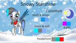 Size: 1920x1080 | Tagged: safe, artist:snowy starshine, derpibooru import, oc, oc:snowy starshine, unofficial characters only, pegasus, pony, 3d, cutie mark, headphones, image, looking at you, png, reference sheet, solo