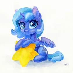 Size: 1200x1200 | Tagged: safe, artist:maytee, derpibooru import, princess luna, alicorn, pony, g4, colored pencil drawing, female, filly, foal, frown, image, png, solo, stars, traditional art, woona, younger