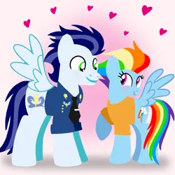 Size: 1400x1400 | Tagged: safe, artist:mlplary6, derpibooru import, rainbow dash, soarin', pegasus, pony, g4, the last problem, blushing, bomber jacket, clothes, duo, female, heart, husband and wife, image, jacket, looking at each other, looking at someone, love, male, mare, older, older rainbow dash, older soarin', older soarindash, png, shipping, smiling, smiling at each other, soarindash, stallion, straight