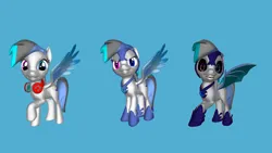 Size: 1920x1080 | Tagged: safe, artist:snowy starshine, derpibooru import, oc, oc:fallen snowstar, oc:snowy starfall, oc:snowy starshine, unofficial characters only, bat pony, pegasus, pony, 3d, armor, bat eyes, bat wings, blue background, headphones, image, jewelry, necklace, png, simple background, wings