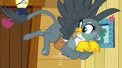 Size: 1280x720 | Tagged: safe, derpibooru import, screencap, gabby, gryphon, g4, the fault in our cutie marks, ass up, blank flank, butt, clubhouse, crusaders clubhouse, excited, eyes on the prize, featureless crotch, flying, gabbooty, image, jpeg, looking at butt, narcissism, paws, plot, tail, wide eyes, wings