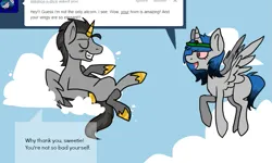 Size: 925x554 | Tagged: safe, artist:lupisvulpes, derpibooru import, oc, oc:monochromic heart, oc:slice n' dice, alicorn, pony, ask, cloud, female, flying, image, male, mare, png, sky, stallion, talking, text, tumblr