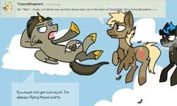 Size: 925x554 | Tagged: safe, artist:lupisvulpes, derpibooru import, oc, oc:monochromatic heart, alicorn, pegasus, pony, ask, cloud, deviantart, flying, image, male, png, sky, stallion, text