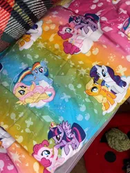 Size: 750x1000 | Tagged: safe, artist:humanmuck, derpibooru import, applejack, fluttershy, pinkie pie, rainbow dash, rarity, twilight sparkle, twilight sparkle (alicorn), alicorn, earth pony, pegasus, pony, unicorn, g4, bedspread, blanket, cloud, crown, deviantart watermark, female, flying, gradient, image, jewelry, jpeg, male, mane six, merchandise, obtrusive watermark, photo, regalia, watermark