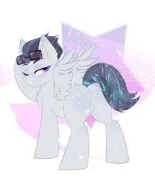 Size: 2000x2294 | Tagged: safe, artist:thieftea, derpibooru import, rumble, pegasus, pony, g4, abstract background, butt, chest fluff, colt, featureless crotch, foal, high res, image, looking at you, looking back, looking back at you, male, one eye closed, plot, png, simple background, solo, spread wings, sunglasses, white background, wings, wink