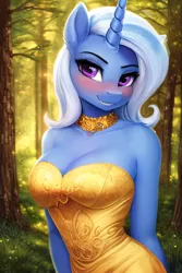 Size: 2048x3072 | Tagged: safe, ai content, derpibooru import, machine learning generated, novelai, stable diffusion, trixie, anthro, unicorn, g4, blushing, breasts, cleavage, clothes, cute, dress, female, forest, grass, high res, horn, image, jewelry, jpeg, looking at you, necklace, outdoors, prompter:endless--, sleeveless, sleeveless dress, smiling, smiling at you, solo, standing, strapless, strapless dress, tree