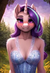 Size: 2048x2970 | Tagged: safe, ai content, derpibooru import, machine learning generated, novelai, stable diffusion, starlight glimmer, anthro, unicorn, g4, blushing, breasts, cleavage, clothes, cute, dress, female, forest, grass, high res, horn, image, jpeg, looking at you, outdoors, prompter:endless--, sleeveless, sleeveless dress, smiling, smiling at you, solo, standing, tree