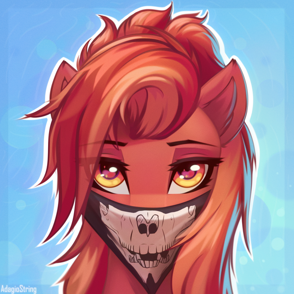 Size: 2000x2000 | Tagged: safe, artist:adagiostring, derpibooru import, oc, oc:kometka, unofficial characters only, pegasus, pony, abstract background, bust, cute, female, headshot commission, high res, image, looking at you, mask, orange eyes, png, portrait, solo