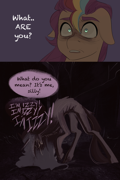 Size: 1669x2505 | Tagged: safe, artist:aztrial, derpibooru import, izzy moonbow, sunny starscout, oc, oc:mimic izzy, earth pony, mimic, pony, unicorn, g5, 2 panel comic, comic, cryptid, dark, doppelganger, duo, fangs, female, gritted teeth, image, mane stripe sunny, mare, open mouth, png, scared, sharp teeth, shrunken pupils, skinny, teeth, thin, unshorn fetlocks