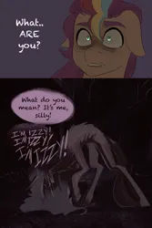 Size: 1669x2505 | Tagged: safe, artist:aztrial, derpibooru import, izzy moonbow, sunny starscout, oc, oc:mimic izzy, earth pony, mimic, pony, unicorn, g5, 2 panel comic, comic, cryptid, dark, doppelganger, duo, fangs, female, gritted teeth, image, mane stripe sunny, mare, open mouth, png, scared, sharp teeth, shrunken pupils, skinny, teeth, thin, unshorn fetlocks