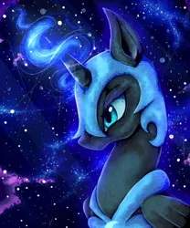 Size: 1000x1200 | Tagged: safe, artist:dystopiandragon, derpibooru import, nightmare moon, alicorn, pony, g4, blue eyes, blue hair, blue mane, bust, colored pupils, digital art, ethereal mane, eyeshadow, feather, female, folded wings, glow, glowing horn, helmet, horn, image, lidded eyes, magic, makeup, mare, night, peytral, png, portrait, signature, sky, smiling, solo, starry mane, stars, wings