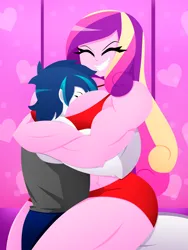 Size: 1500x2000 | Tagged: source needed, suggestive, artist:xan-gelx, derpibooru import, princess cadance, shining armor, human, equestria girls, g4, alumnus shining armor, bed, biceps, boob smothering, bra, breasts, busty princess cadance, clothes, dean ca-dense, dean cadance, female, heart, hug, husband and wife, image, male, muscles, muscular female, png, princess ca-dense, shorts, smiling, smothering, snu-snu, swelling armor, thighs, thunder thighs, underwear, vest