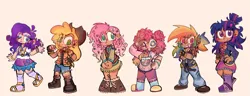 Size: 3398x1300 | Tagged: safe, artist:hisnigo2011, derpibooru import, applejack, fluttershy, pinkie pie, rainbow dash, rarity, twilight sparkle, human, g4, alternate design, alternate hairstyle, applejack's hat, apron, bag, blackwashing, book, boots, bowtie, clothes, cowboy boots, cowboy hat, dark skin, ear piercing, earring, female, fingerless gloves, flannel, gloves, grin, hat, humanized, image, jewelry, mane six, necklace, pants, piercing, png, pride flag, sandals, scar, shirt, shoes, shorts, simple background, skirt, smiling, sneakers, socks, stockings, t-shirt, thigh highs, twitterina design, vitiligo, white background