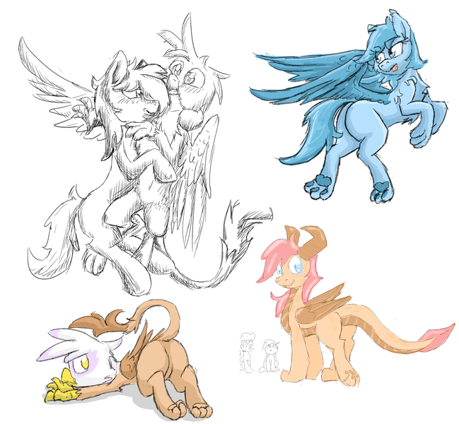 Size: 1999x1847 | Tagged: safe, artist:pzkratzer, derpibooru import, gallus, gilda, sandbar, oc, oc:night cloud, oc:ponygriff, dragon, gryphon, pony, sphinx, g4, belly button, butt, featureless crotch, flockmod, flying, gay, gildonk, hug, image, male, paw pads, paws, plot, png, quadrupedal, ship:gallbar, shipping, simple background, sketch, sketch dump, snuggling, species swap, sphinx oc, underpaw, white background