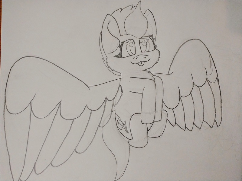 Size: 4192x3144 | Tagged: safe, artist:acid flask, derpibooru import, zipp storm, pegasus, pony, g5, 2d, :p, cheek fluff, chest fluff, cute, fetal position, fluffy, flying, graphite drawing, happy, hooves, hooves together, image, jpeg, large wings, looking at you, smiling, smiling at you, smol, tongue out, traditional art, wings