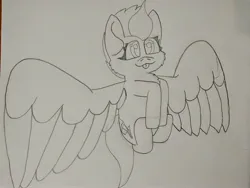 Size: 4192x3144 | Tagged: safe, artist:acid flask, derpibooru import, zipp storm, pegasus, pony, g5, 2d, :p, cheek fluff, chest fluff, cute, fetal position, fluffy, flying, graphite drawing, happy, hooves, hooves together, image, jpeg, large wings, looking at you, smiling, smiling at you, smol, tongue out, traditional art, wings