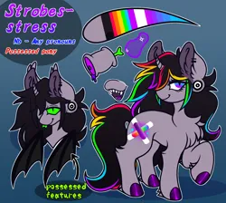 Size: 1626x1460 | Tagged: safe, artist:woofpoods, derpibooru import, oc, oc:strobestress, demon, demon pony, original species, pony, unicorn, arrow, bat wings, blood, blue background, blue eyes, chest fluff, closed mouth, color palette, colored hooves, colored tongue, colored wings, curved horn, cyan eyes, ear fluff, ear piercing, earring, fangs, female, fluffy, folded wings, forked tongue, gauges, glow, glowstick, gradient background, green eyes, hoof polish, horn, image, jewelry, lidded eyes, looking at you, magic, mare, multicolored eyes, multicolored hair, nonbinary, photo, piercing, png, possessed, pronouns, purple eyes, rainbow hair, raised hoof, reference, reference sheet, sharp teeth, simple background, slit pupils, smiling, smiling at you, solo, sparkles, standing, teeth, text, tired, tongue out, unshorn fetlocks, wings, wings down